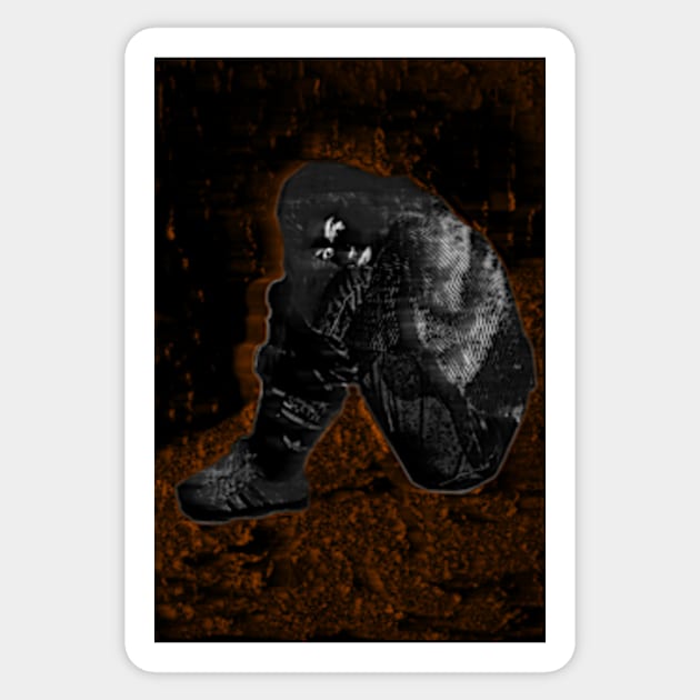 Girl sitting on the floor, near the wall, clasping hands around knees. Weird, dark, beautiful. Sticker by 234TeeUser234